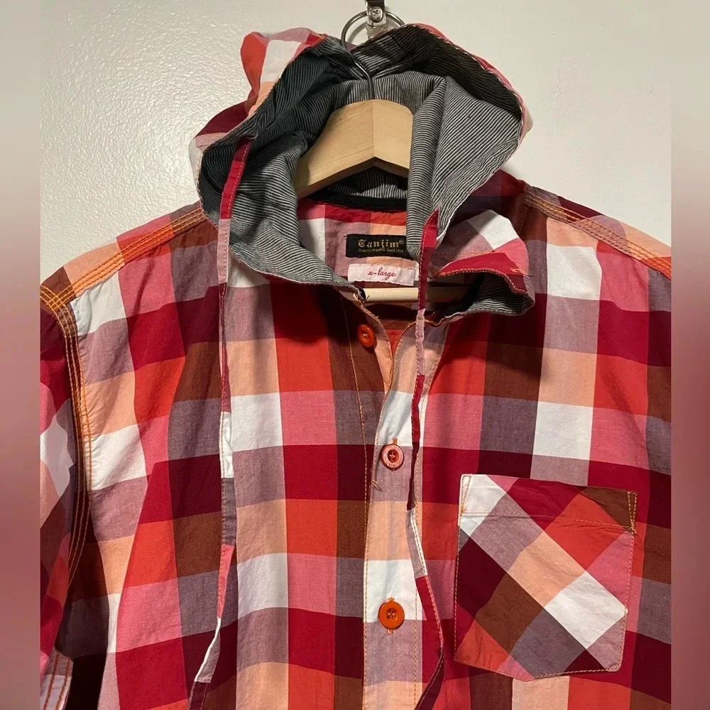 Tanjim Red & Orange Checked Plaid Hooded Button  Up Shirt Jacket - Size Large - Picture 4 of 11
